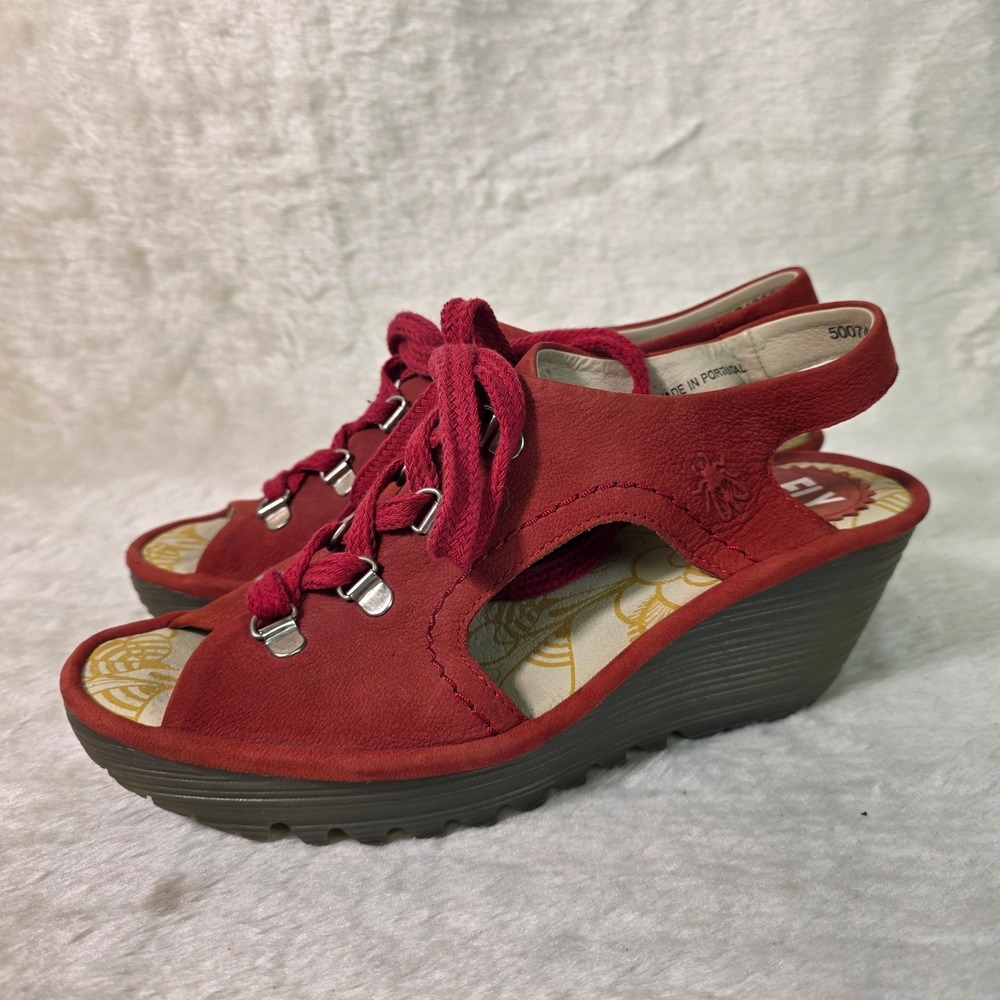 Fly London Yala Wedge Sandals Red Suede Lace Up Women 38 7 Excellent